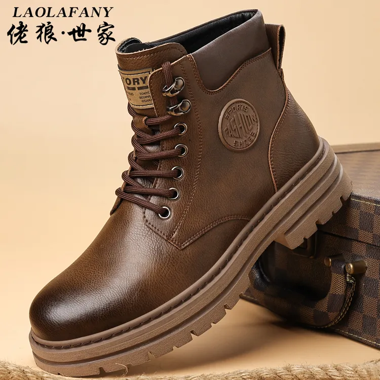 佬狼世家马丁靴男款潮英伦风复古高帮鞋中帮加绒厚底男士工装靴子