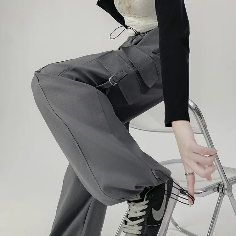 李老师宠粉灰色工装裤女春秋季高腰显瘦休闲阔腿美式运动降落伞裤