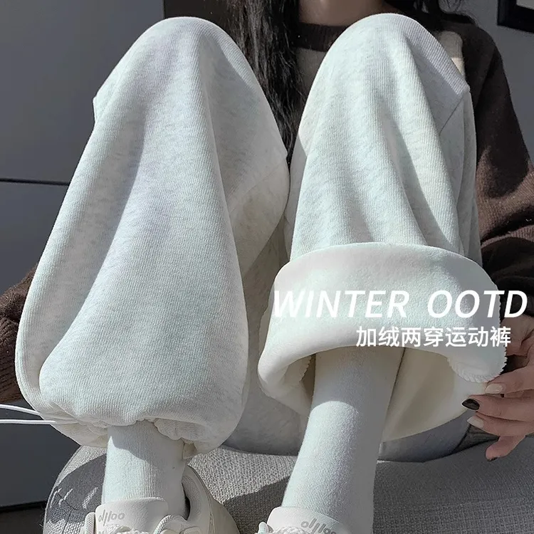 运动裤女宽松束脚2025秋冬加绒新款休闲直筒裤小个阔腿裤灰色卫裤