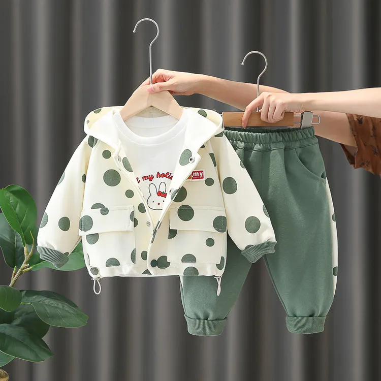 【沫沫家】男女童波点兔子三件套秋季新款儿男童女童连帽套装潮