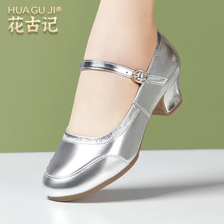 银色真皮女士软底百搭小众鞋子低跟高跟鞋女不累脚高级感