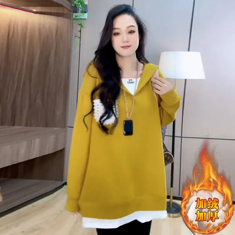 高含棉洋气假两件拼接卫衣女2024年加绒加厚冬季新款时尚减龄上衣