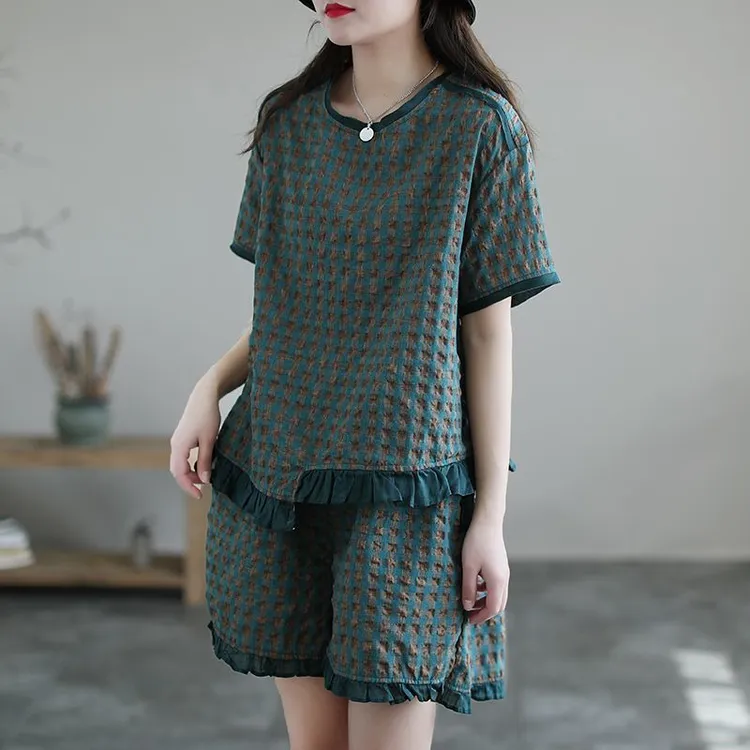 新款T恤女套装棉麻夏装裤子高腰休闲短裤宽松时尚女装夏套装 体恤