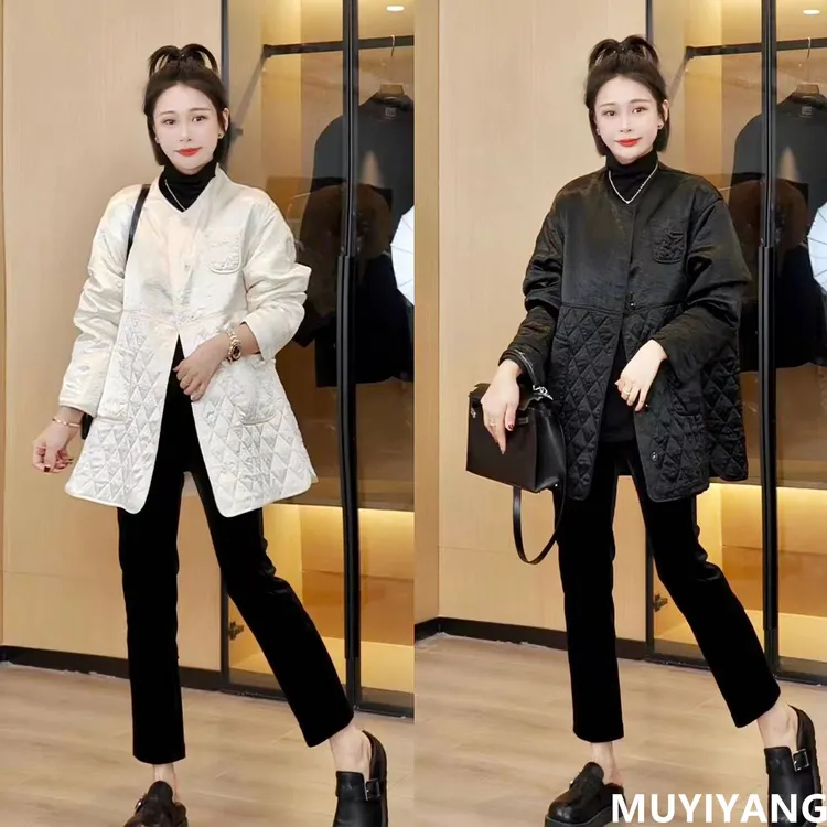 【半芝】设计感下摆拼接菱格高定版棉衣外套 衣长77 24-599#