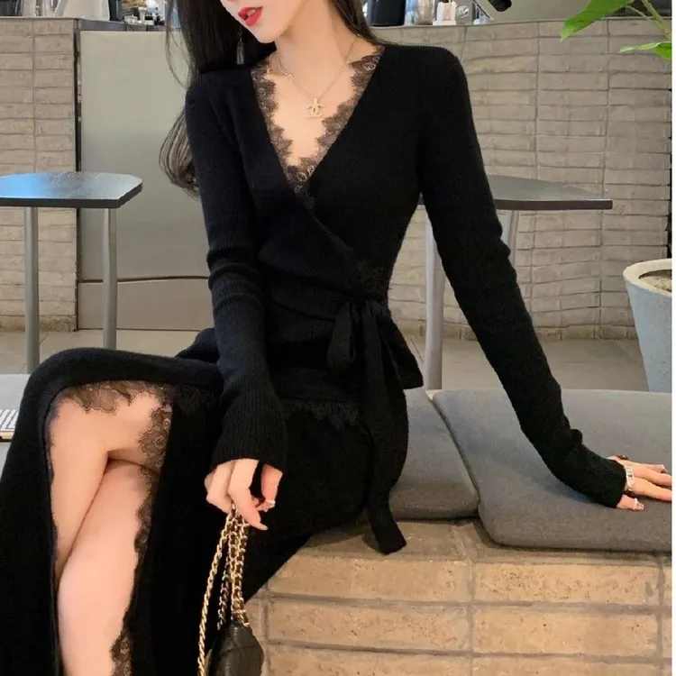 小香风时尚开叉针织连衣裙女装2023秋季新款性感气质修身黑色裙子