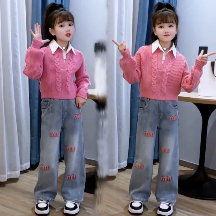 女童毛衣套装2025春秋新款韩版甜酷绣花春秋阔腿牛仔裤潮流两件套