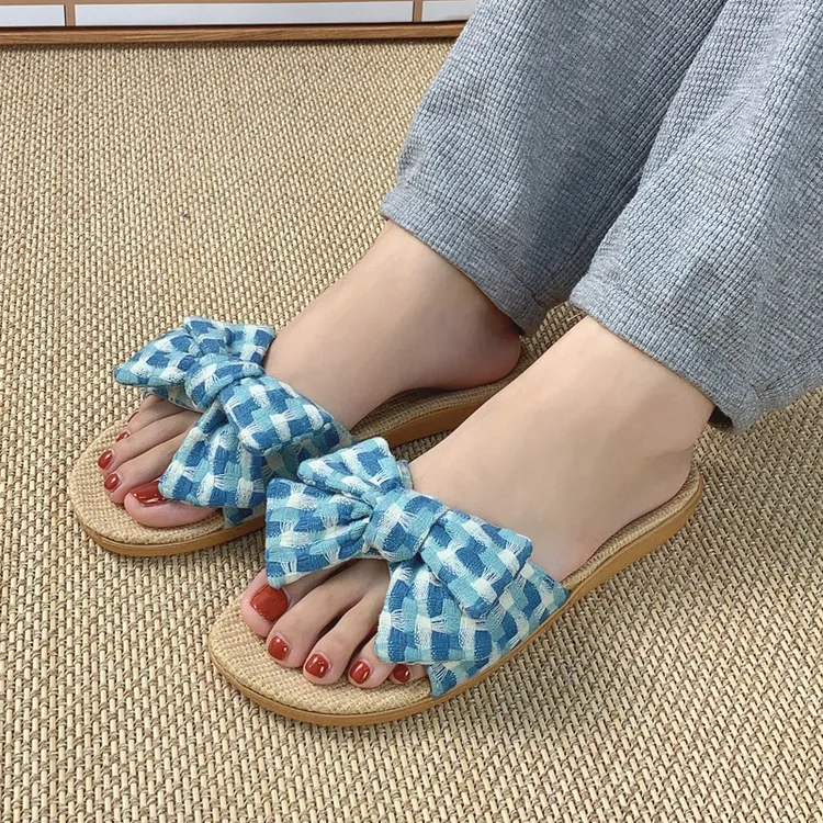 布艺新款蝴蝶结家居棉麻拖鞋女夏季居家用厚底夏天麻草拖鞋