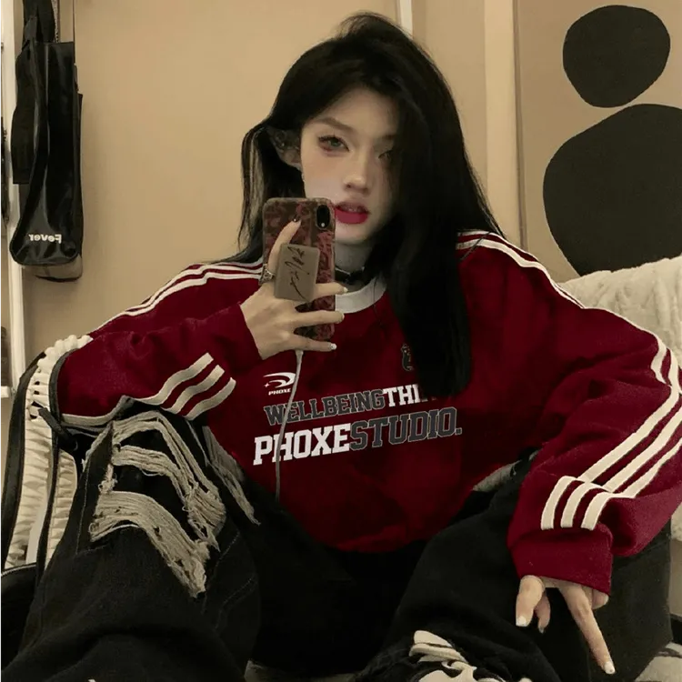 美式复古宽松休闲三条杠圆领长袖卫衣女运动情侣秋冬慵懒风上衣潮