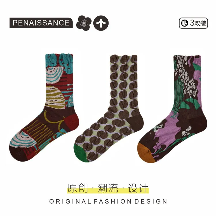 日系复古中筒袜女花卉立体堆堆袜高腰外穿撞色秋冬精梳棉无骨袜子