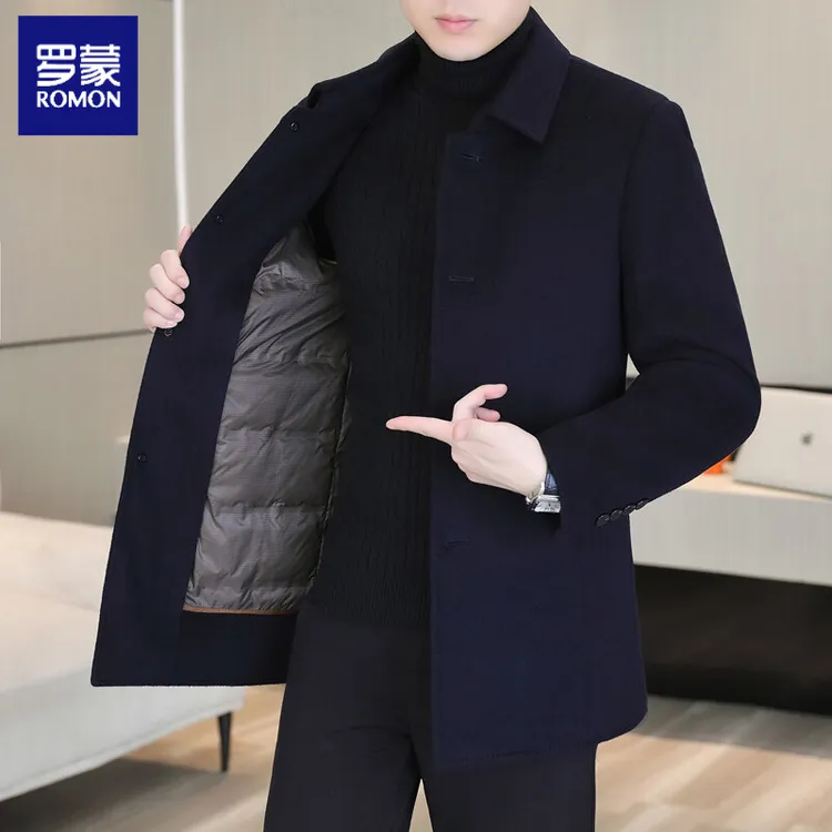 罗蒙冬季羊毛呢大衣男加厚中长款休闲风衣爸爸装加绒内胆西服外套
