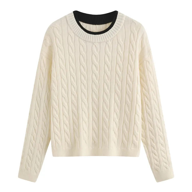 秋冬慵懒拼接领口麻花打底衫女撞色假两件宽松正肩针织套头上衣