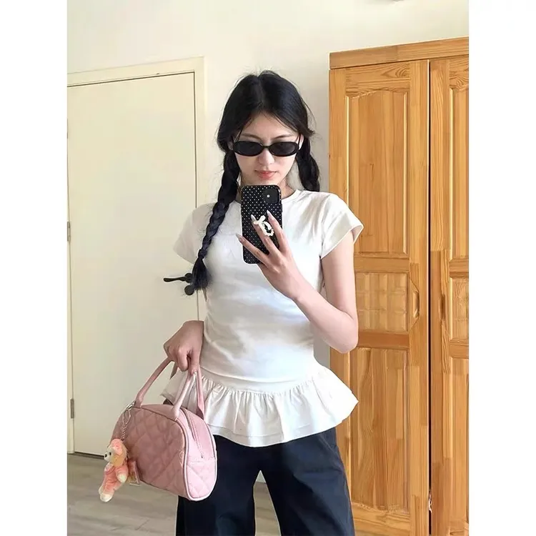 小众蓬蓬花边拼接假两件短袖T恤女2025春季新款圆领修身打底上衣