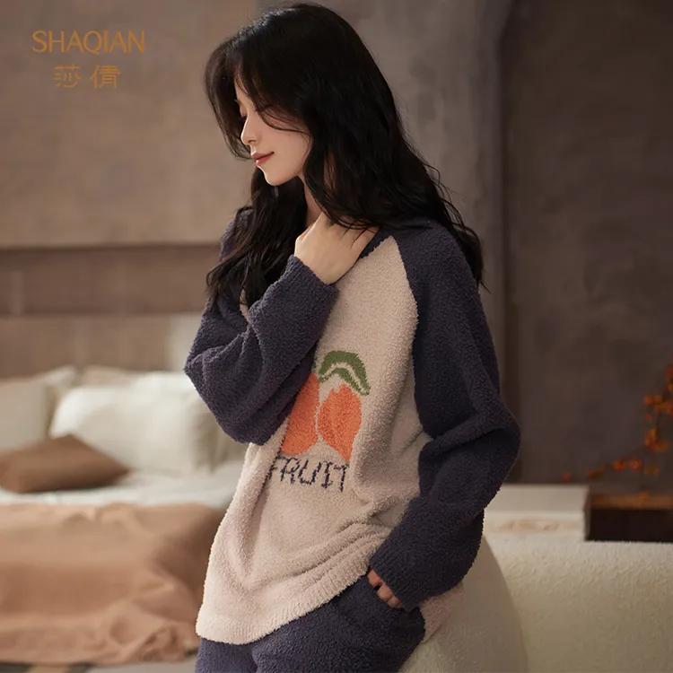 莎倩睡衣女秋冬季2025新款半边绒加厚加绒套装珊瑚绒可外穿家居服