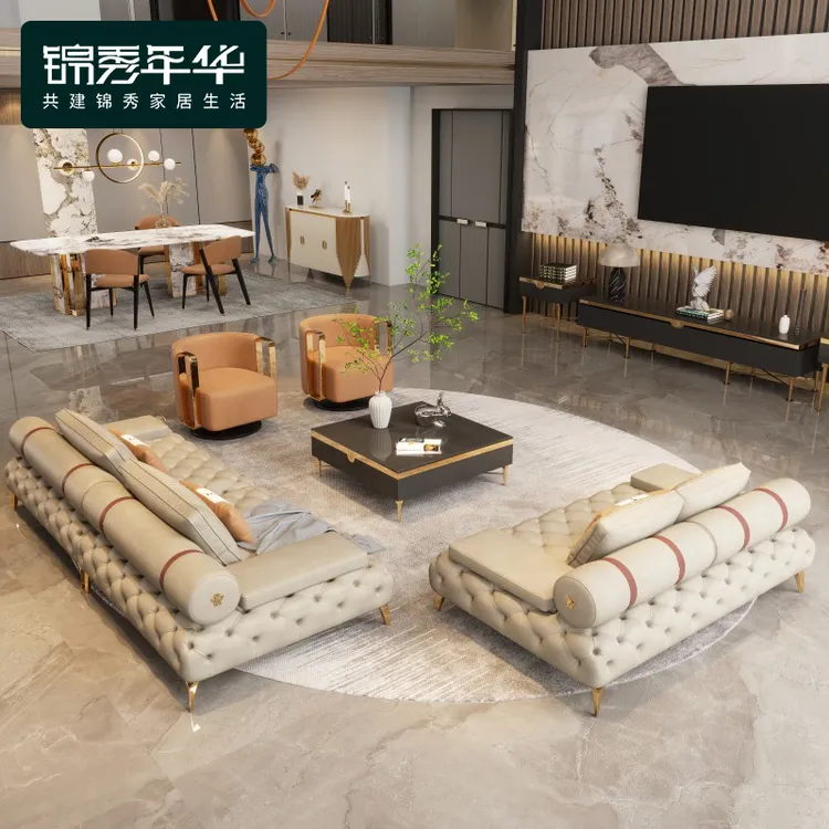 锦秀年华意式轻奢拉扣沙发真皮沙发港式美式客厅高端定制家具