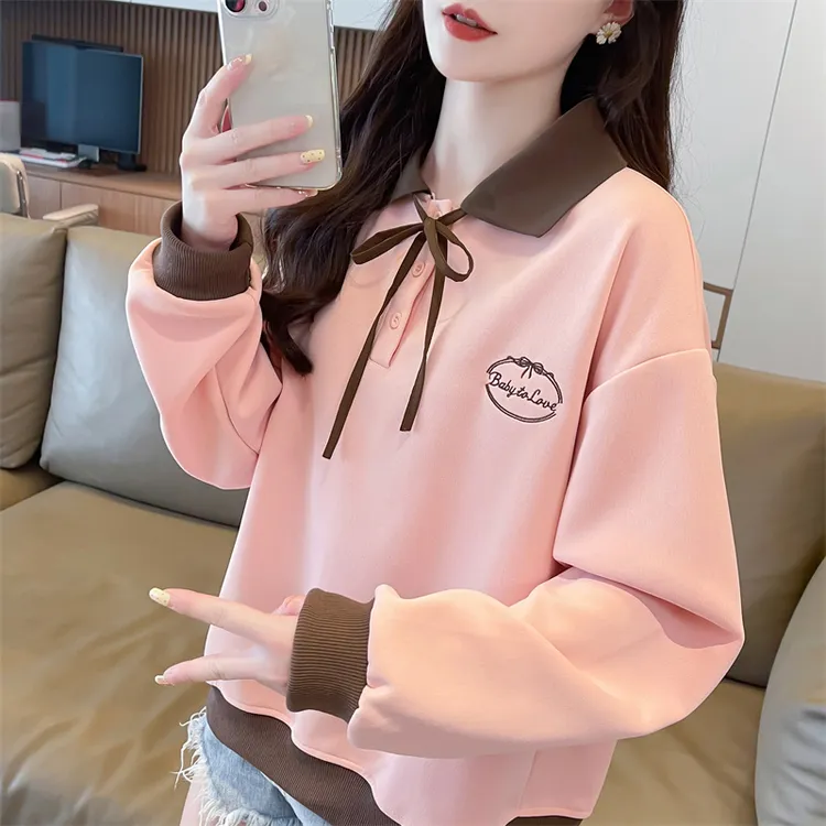 撞色POLO卫衣女宽松薄款韩版上衣2025新款春秋季设计长袖外套ins
