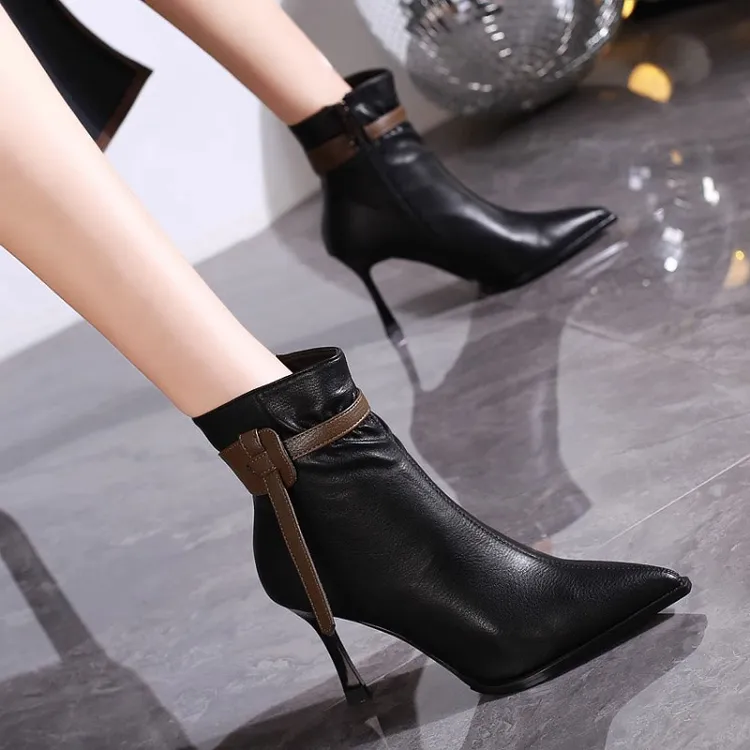 韩国瘦瘦靴女2024秋冬尖头高跟鞋细跟小个子性感气质时尚百搭短靴