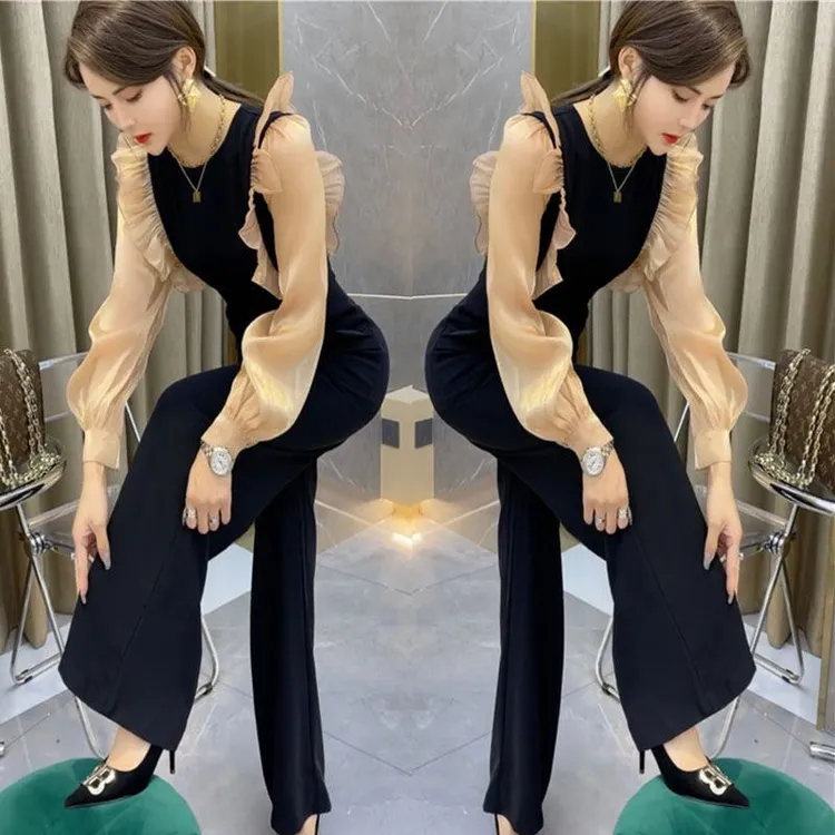 网红气质名媛连体裤女2025春秋新款木耳边收腰显瘦阔腿连衣裤套装