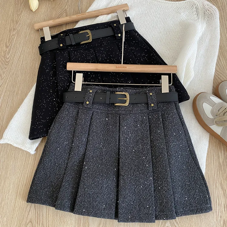 亮片毛呢高腰显瘦半身裙女早春2025年韩版百搭防走光a字百褶短裙