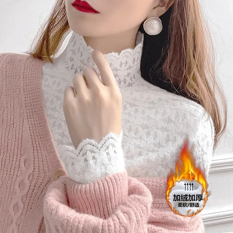 2025新款秋冬加绒蕾丝打底衫女内搭修身磨毛显瘦洋气磨毛百搭上衣