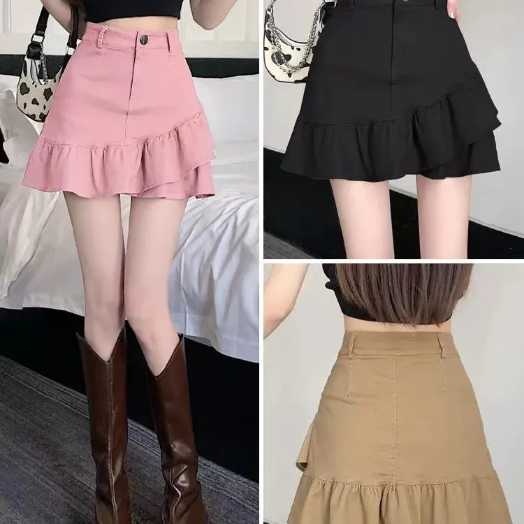 8129-荷叶边半身裙夏季高腰a字白色牛仔短裙女半裙设计感小众裙子