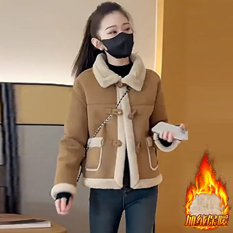 加绒加厚皮毛一体短外套女2025年冬季新款小个子时尚气质百搭上衣