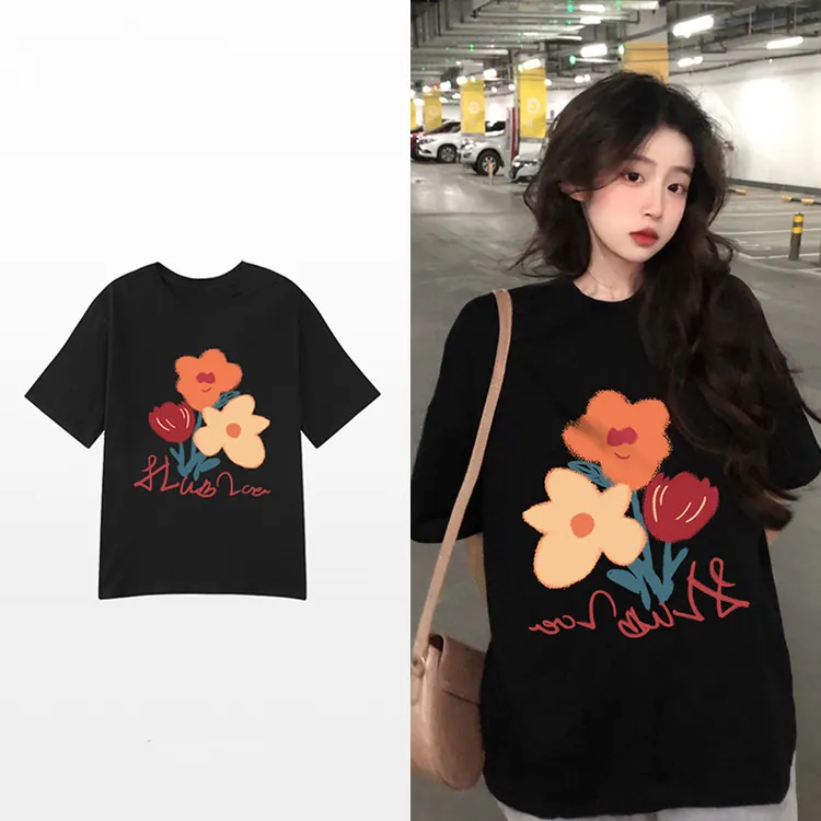 纯棉短袖T恤女夏季新韩版ins潮设计感花朵印花宽松圆领上衣