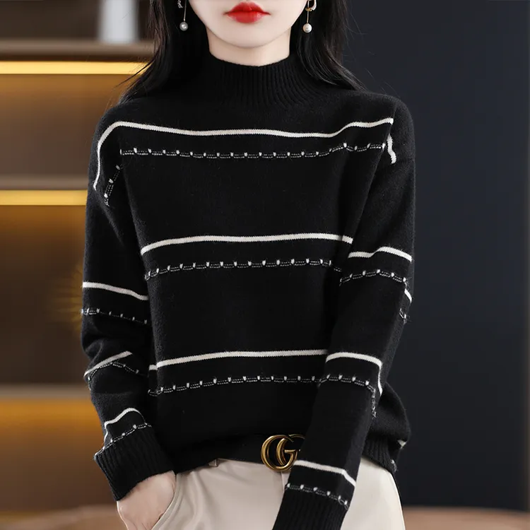 秋冬半高领针织衫女士宽松大码遮肚子毛衣洋气显瘦百搭上衣打底衫