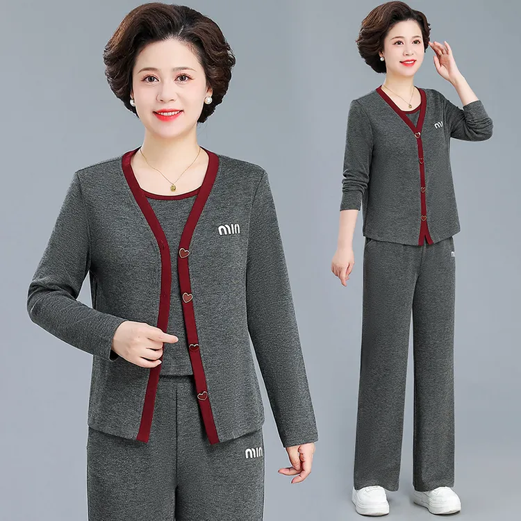 妈妈秋装运动套装2024新款中老年开衫上衣女春秋季休闲外套三件套