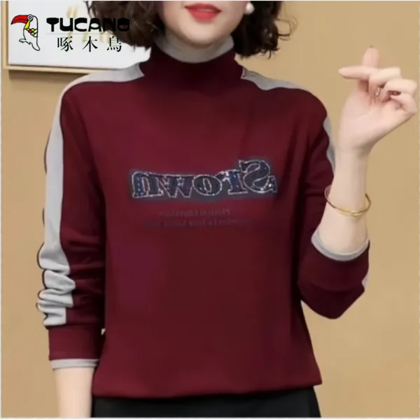 啄木鳥半高领妈妈装长袖打底衫女上衣2024秋冬时尚洋气百搭休闲