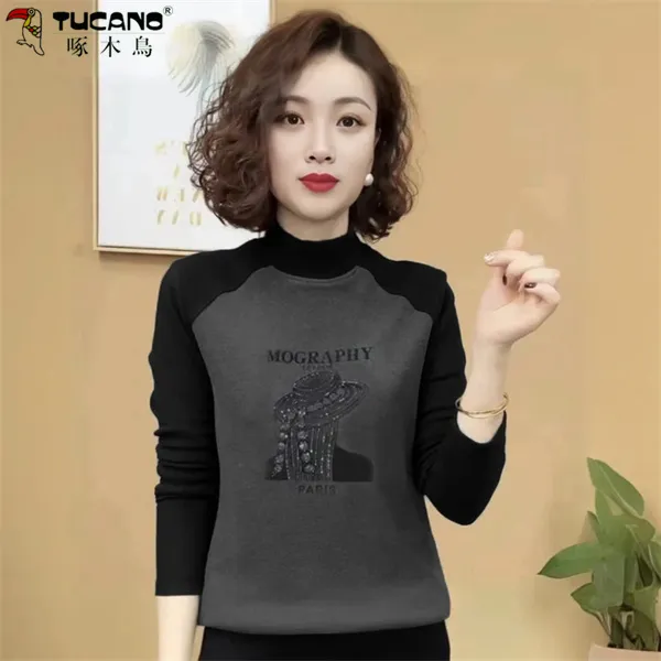 啄木鳥秋冬新款现货保暖双面绒打底衫半高领长袖上衣女妈妈装女