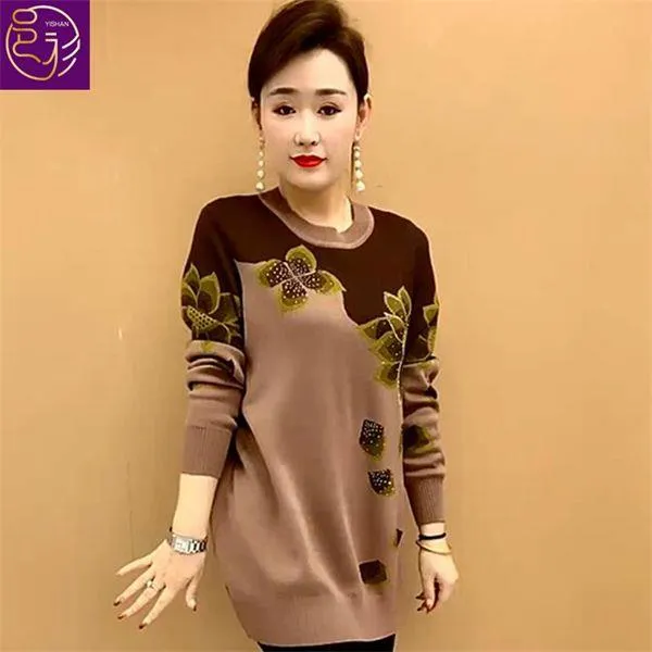 祥舍中老年女装秋装针织打底衫妈妈装秋冬宽松大码中长款毛衣上衣
