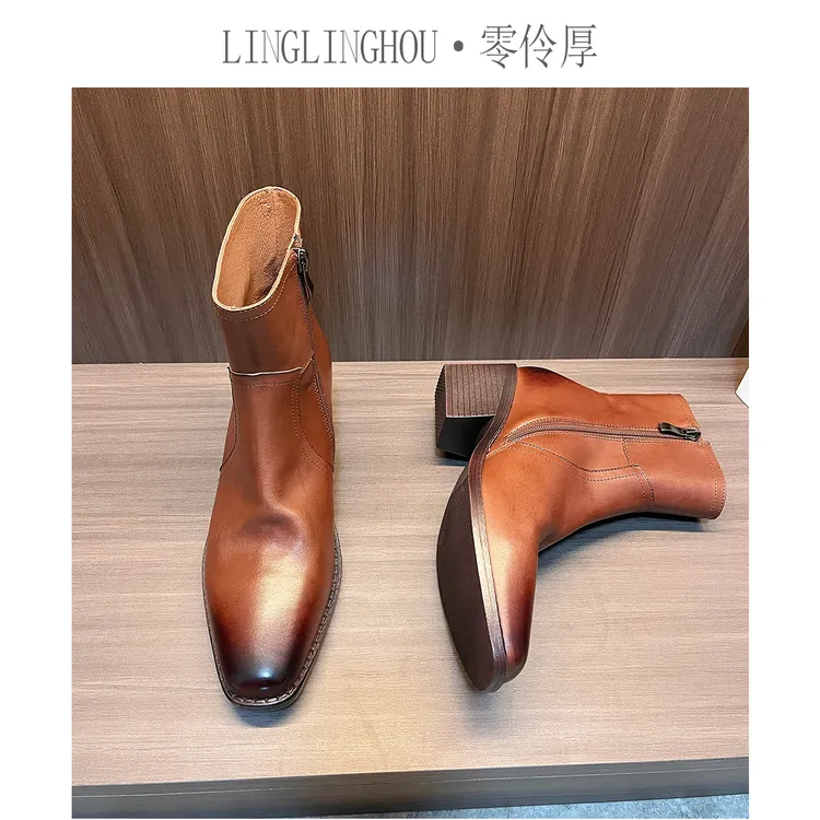 手工鞋做旧擦色复古短靴女中跟方头拉链加绒粗跟西部靴秋冬小踝靴
