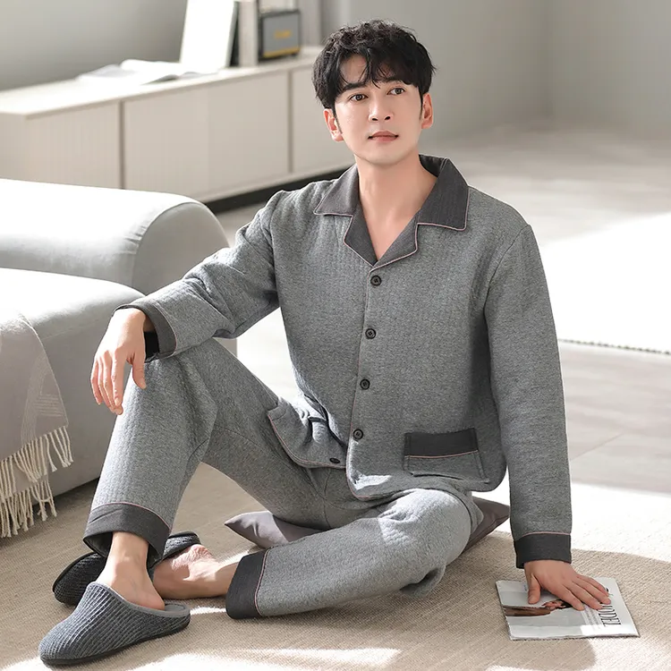 【纯棉加厚】高品质秋冬季男士长袖睡衣套装家居服夹层空气棉薄夹棉