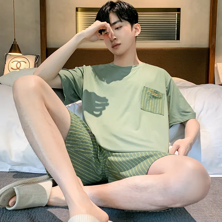 夏季男士睡衣套装家居服休闲青少年薄款圆领有弹性潮流莫代尔棉