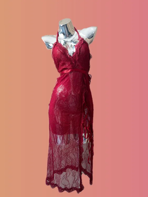  蔷薇【80-200斤】酒红侧开绑带花苞蕾丝性感气质睡裙（不包括内衬）