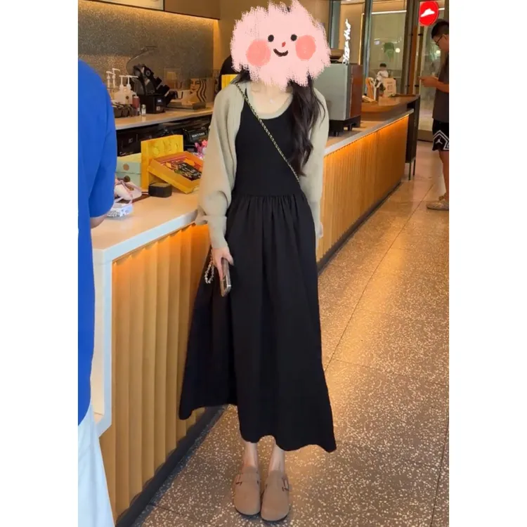 早秋显瘦收腰时尚针织开衫拼接法式连衣裙套装