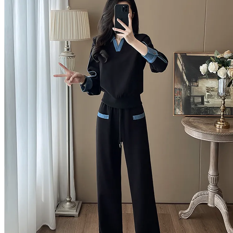 欧货休闲运动套装女秋冬新款时尚减龄黑色翻领卫衣阔腿裤两件套