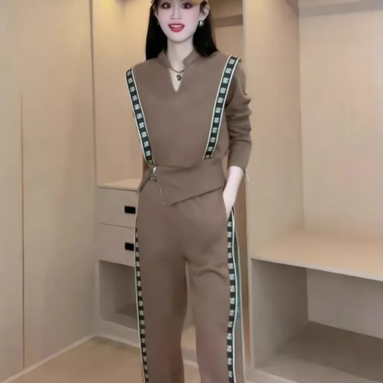 时尚套装女款2024年秋冬季新款棕色休闲宽松长袖卫衣两件套女装潮