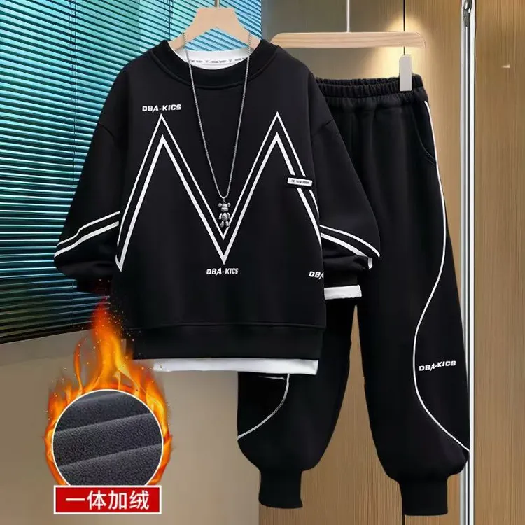 男童冬装运动套装加绒加厚2024新款大童冬季儿童潮款洋气炸街宽松