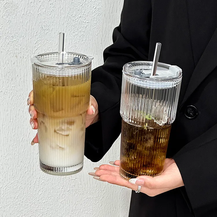 【买一送一】喝水杯玻璃杯高颜值冷饮杯果汁杯带盖带吸管竖条纹水杯