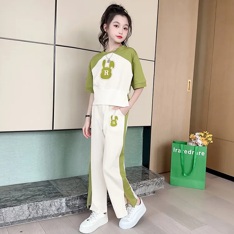 女童套装6-12岁潮款高级感夏装中大童韩版短袖潮范撞色拼接两件套