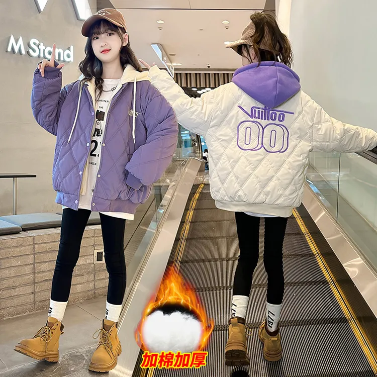女童秋冬百搭假两件外套中大童洋气字母连帽棒球服夹棉加厚棉服潮