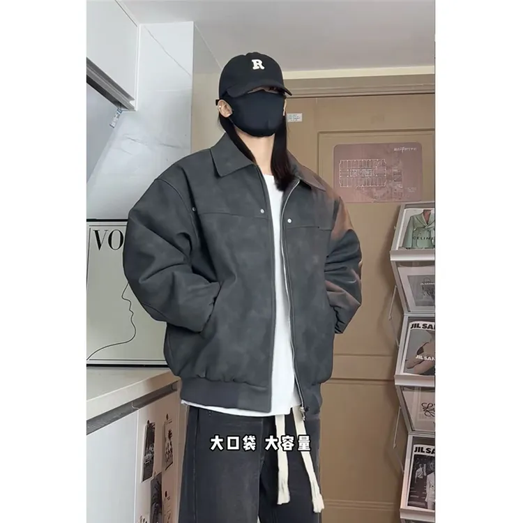 秋冬高质感皮衣夹克外套宽松翻领情侣美式复古男女生皮棉衣外套