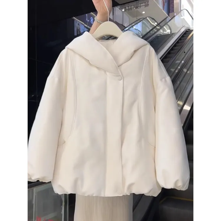 2025冬季高级感棉服外套时尚宽松洋气独特别致白色连帽棉衣棉袄女