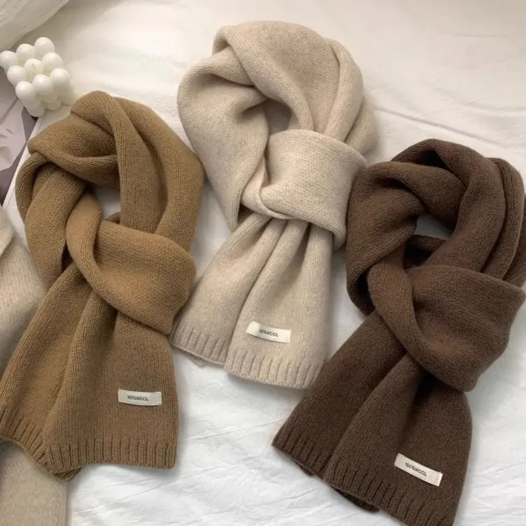 100%纯羊毛围巾~精选澳洲羊毛驼色米色保暖针织围巾百搭男女围脖