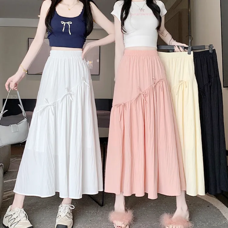 法式蝴蝶结白色蛋糕裙2025气质显瘦裙夏季高腰不规则长裙A字裙子