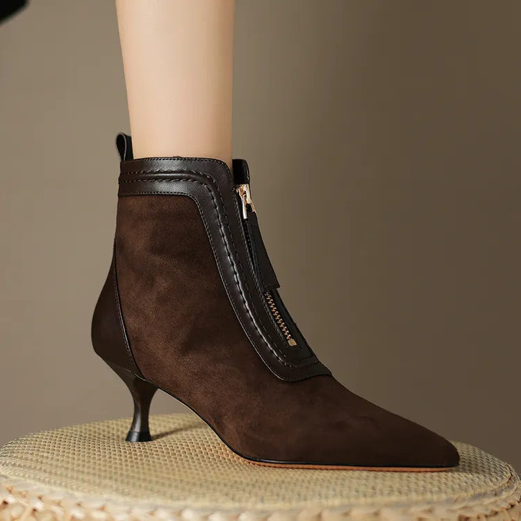 5.5cm羊皮细跟尖加绒时装靴女百搭高跟短靴黑色真皮前拉链裸靴女