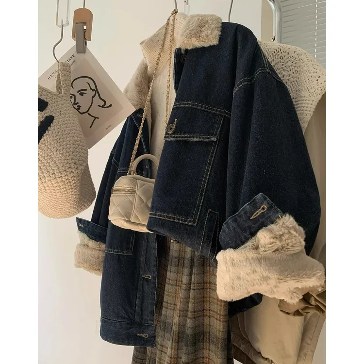 慵懒风穿搭加绒牛仔外套棉衣少女新款宽松显瘦休闲夹克长袖上衣