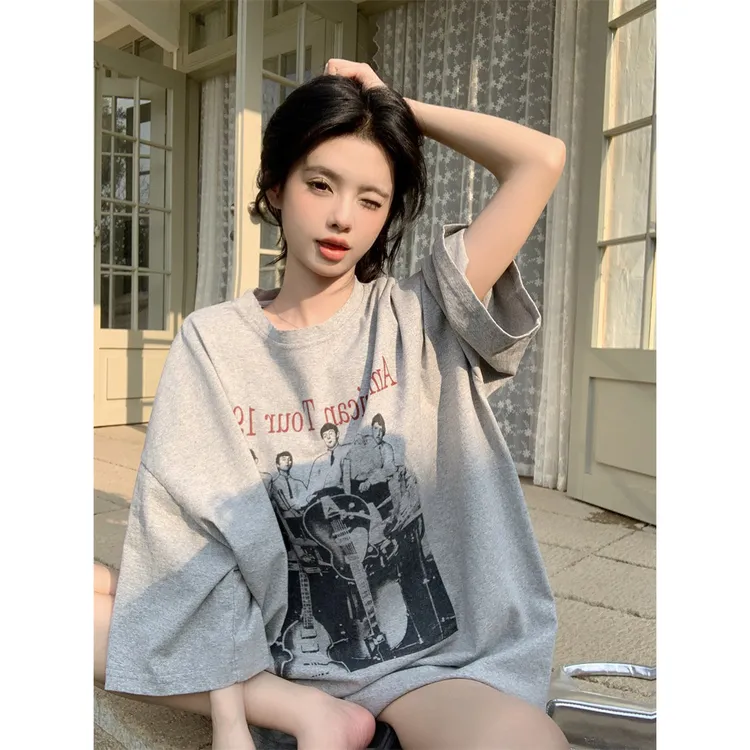 美式百搭春夏季短袖大码宽松t恤女慵懒风设计感印花oversize圆领