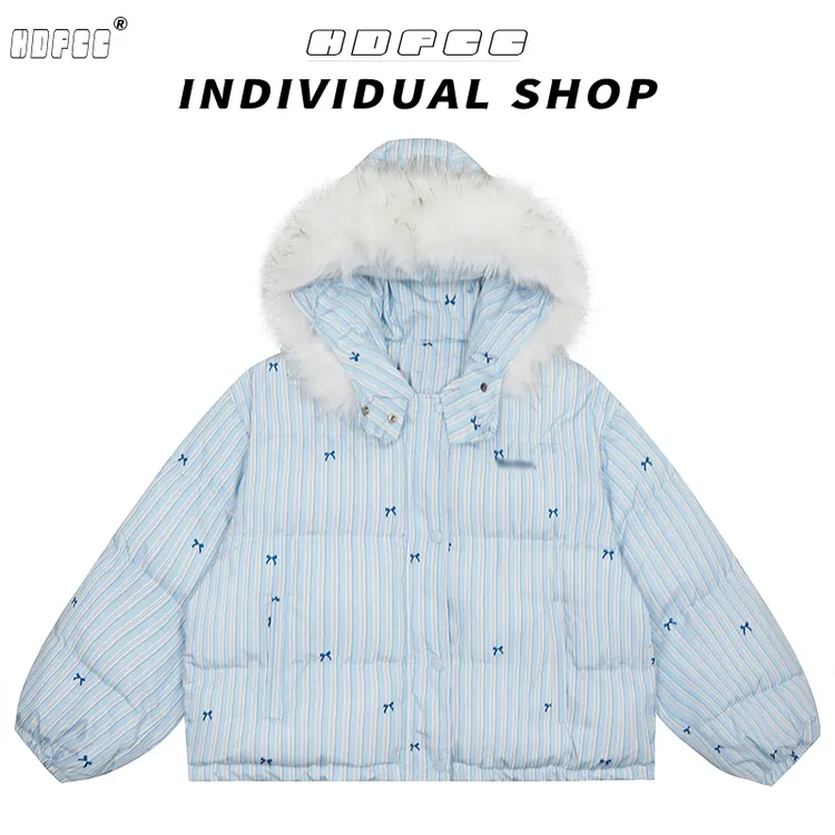 美式毛领条纹连帽棉服外套女冬季新款设计百搭加厚面包服宽松棉衣